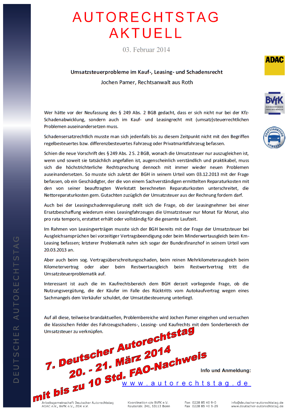 Autorechtstag-aktuell-2014-02-03_Umsatzsteuerprobleme im Kauf- Leasing- und Schadensrecht