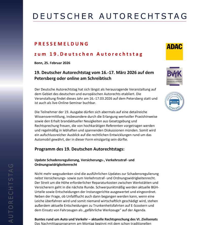 PRESSEMELDUNG zum 19. Deutschen Autorechtstag